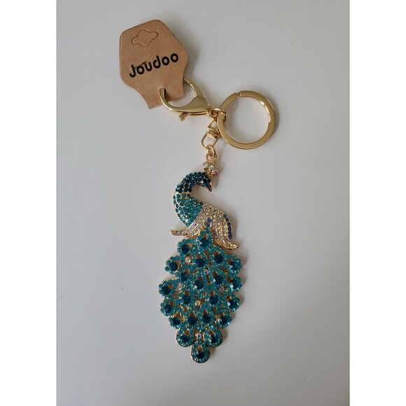 Joudoo Turquoise Blue Sparkling Rhinestone Peacock Jeweled Keychain Bag Charm - Picture 1 of 7